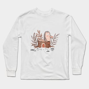 Cute Hedgehog sitting on a tree trunk Long Sleeve T-Shirt